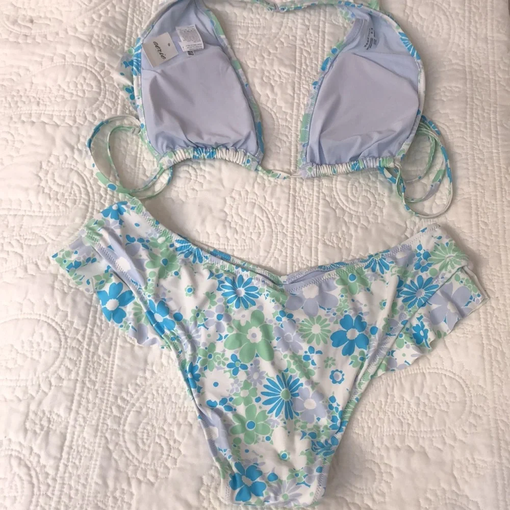aerie Floral Ruffle Bikini Set - Blue & Green size small